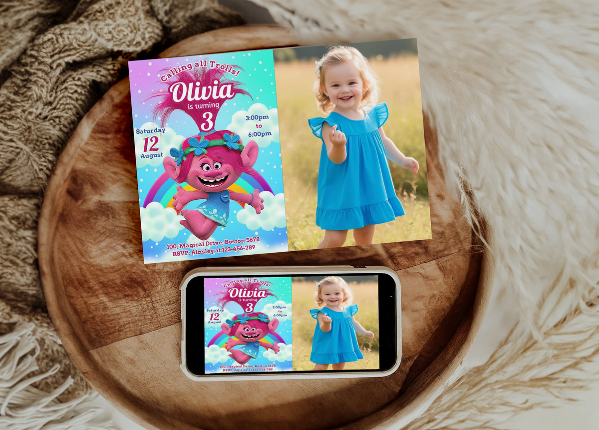 Trolls Photo Birthday Invitation Template Printable, Trolls Birthday Invitation, kids Editable invitation, Trolls Party, Evite, Digital Invite, SMS Text, 0006