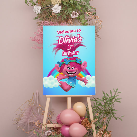 Trolls Welcome Sign, Printable Sign Board, Girl Birthday, Digital Download, Edit yourself, Corjl 0006