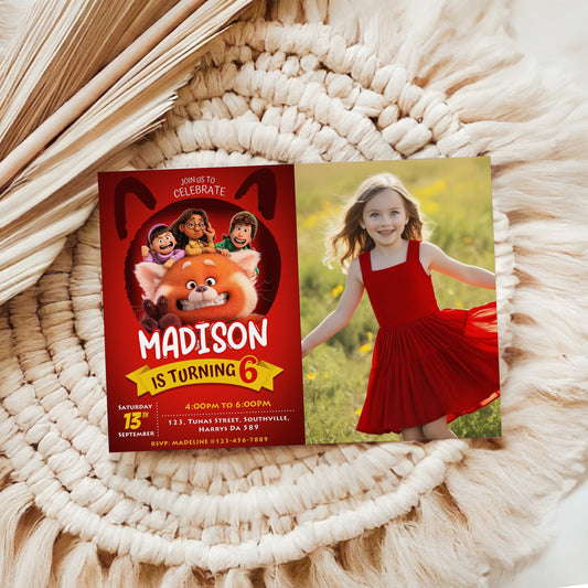 Turning Red Photo Birthday Invitation Template, Printable Photo Invitation, Girl Birthday, Evite, Digital Invite, 0007