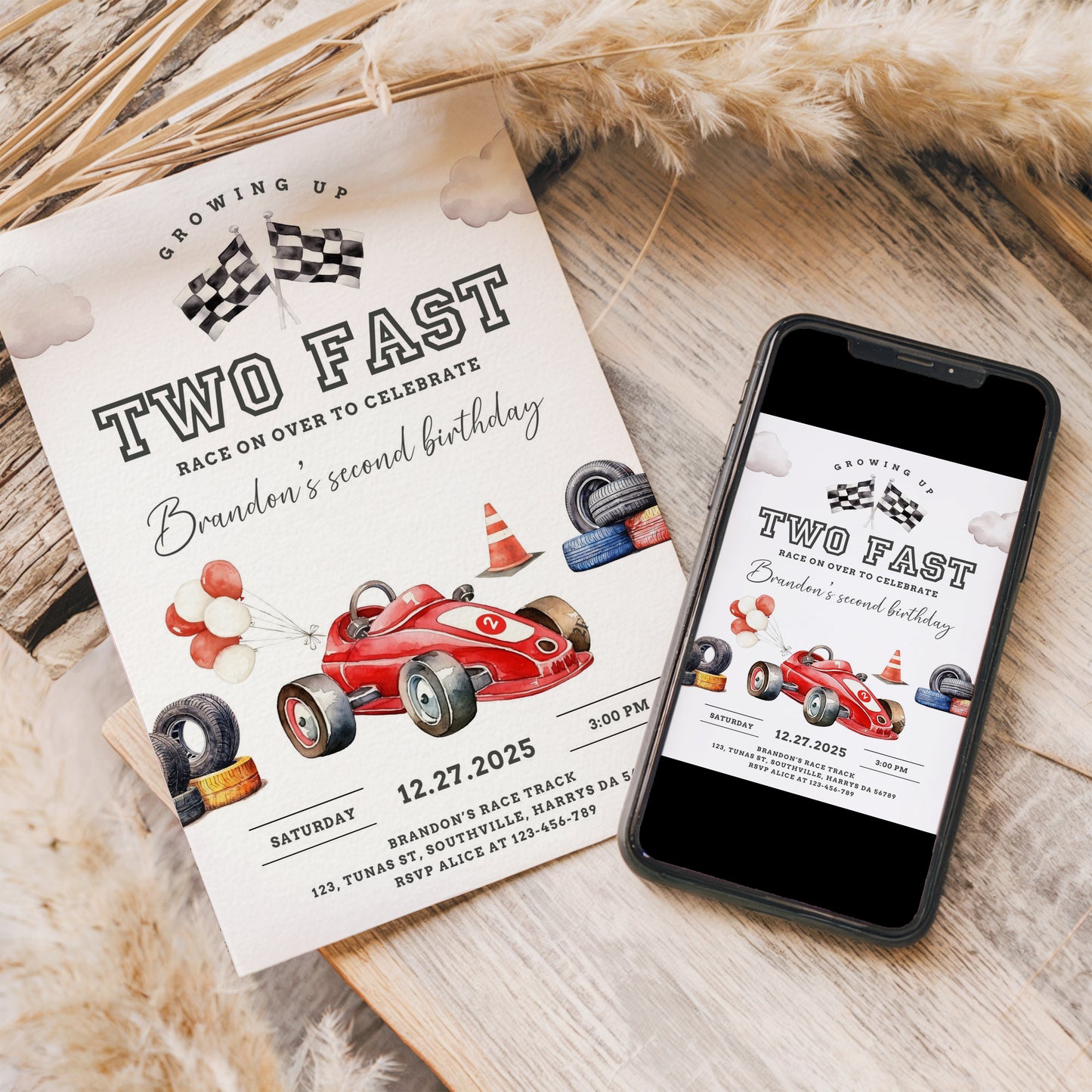 Editable Race Car 2nd Birthday Invite Electronic TWO Fast Party Invitation Racing Vintage Racecar Printable Template Instant Download 0546