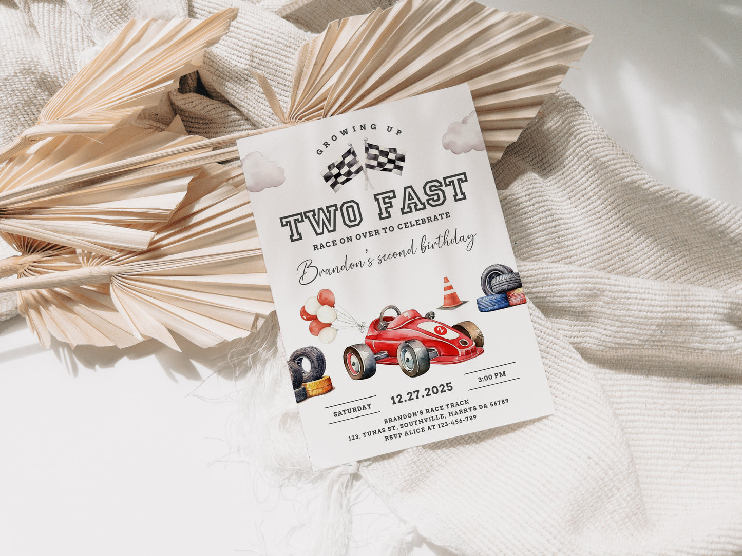 Editable Race Car 2nd Birthday Invite Electronic TWO Fast Party Invitation Racing Vintage Racecar Printable Template Instant Download 0546