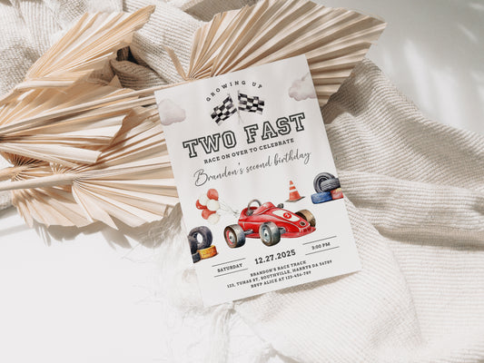 Editable Race Car 2nd Birthday Invite Electronic TWO Fast Party Invitation Racing Vintage Racecar Printable Template Instant Download 0546