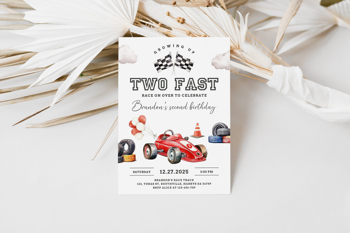Editable Race Car 2nd Birthday Invite Electronic TWO Fast Party Invitation Racing Vintage Racecar Printable Template Instant Download 0546