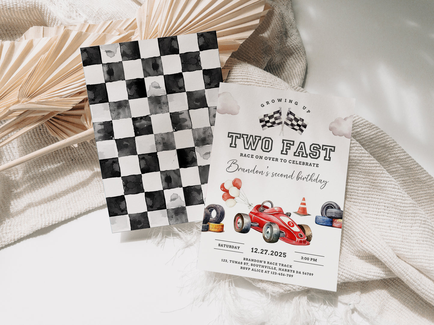 Editable Race Car 2nd Birthday Invite Electronic TWO Fast Party Invitation Racing Vintage Racecar Printable Template Instant Download 0546