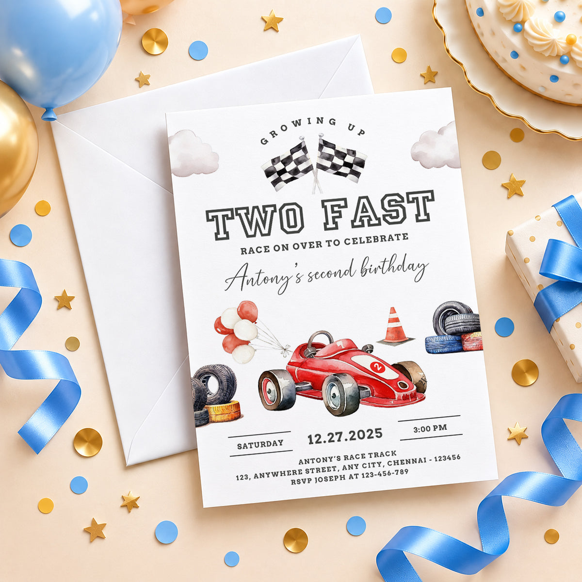 Two Fast 2nd Birthday Invitation – Personalized Race Car Birthday Invite for Boys | Digital & Printed