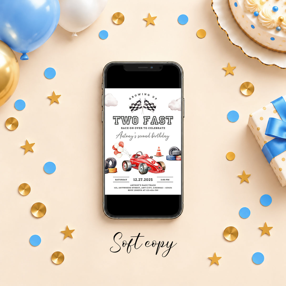 Two Fast 2nd Birthday Invitation – Personalized Race Car Birthday Invite for Boys | Digital & Printed