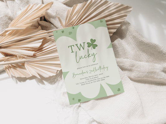 Two Lucky St. Patrick's Day Shamrock Four Leaf Clover First 2nd Birthday Party Invitation | Editable Second Birthday Invite, Evite, 0497