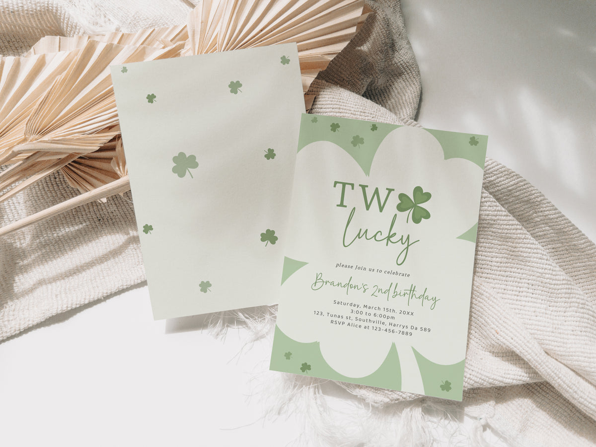 Two Lucky St. Patrick's Day Shamrock Four Leaf Clover First 2nd Birthday Party Invitation | Editable Second Birthday Invite, Evite, 0497