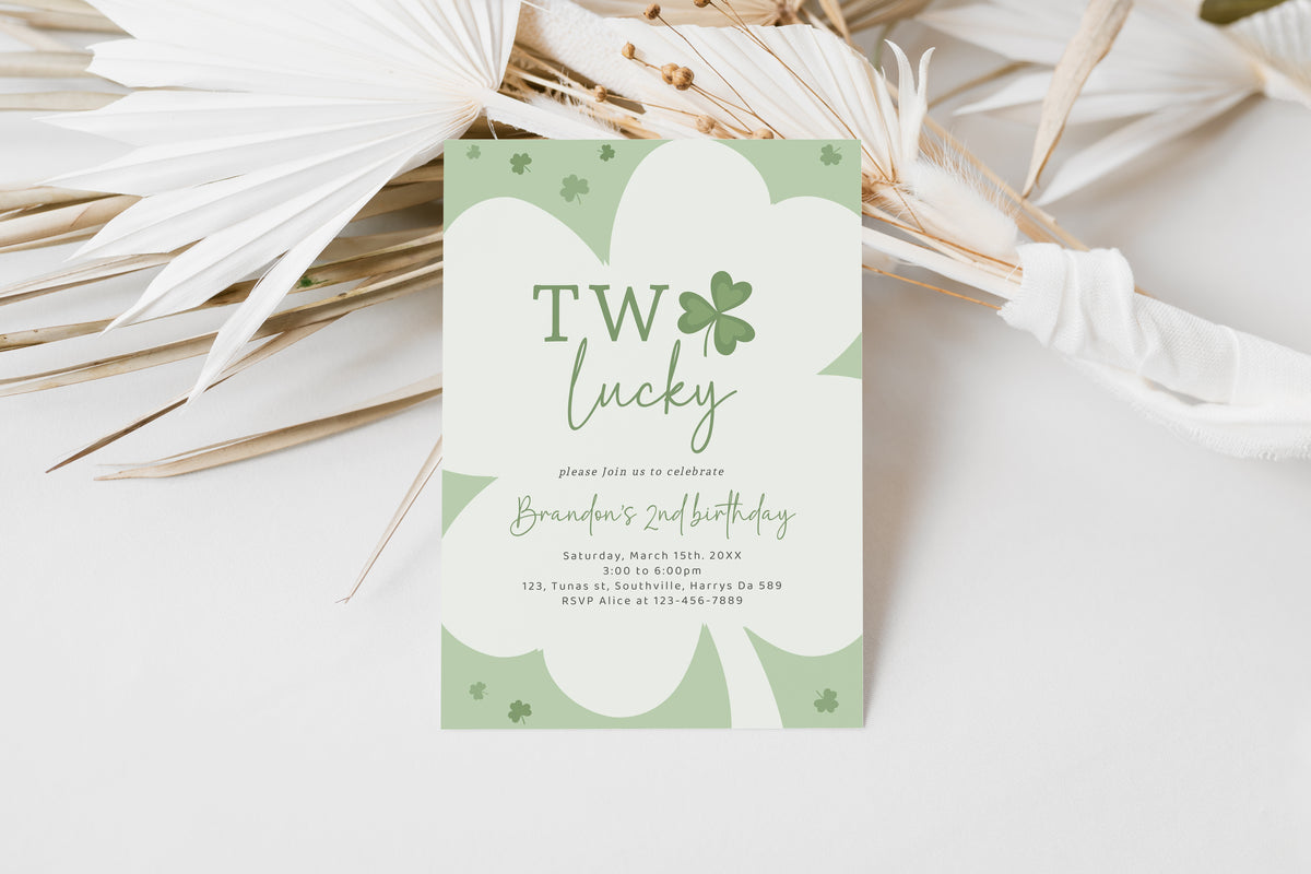 Two Lucky St. Patrick's Day Shamrock Four Leaf Clover First 2nd Birthday Party Invitation | Editable Second Birthday Invite, Evite, 0497
