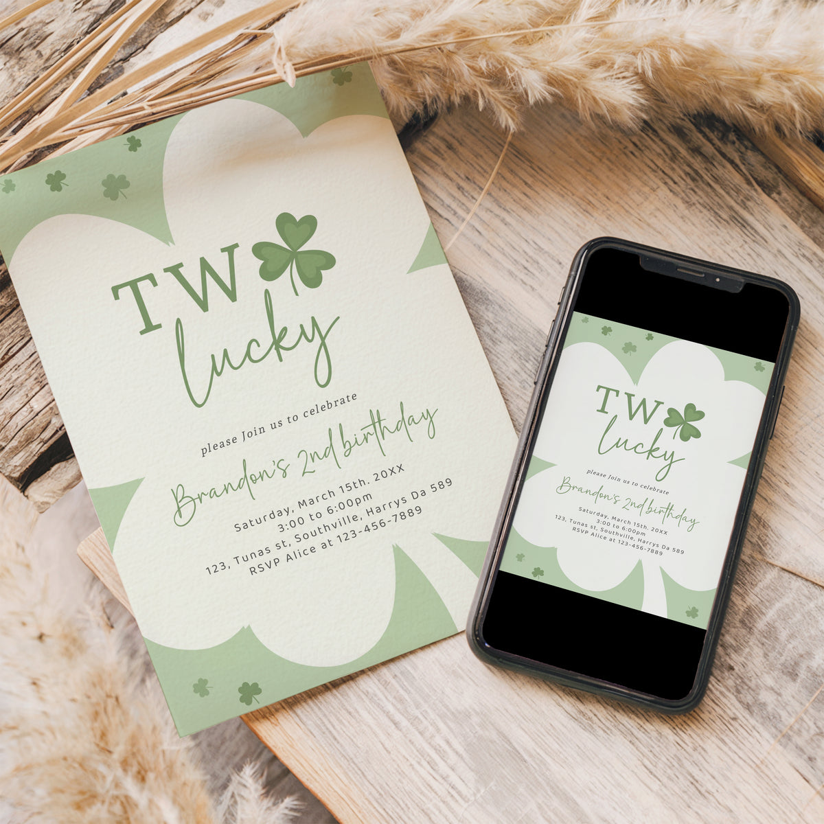 Two Lucky St. Patrick's Day Shamrock Four Leaf Clover First 2nd Birthday Party Invitation | Editable Second Birthday Invite, Evite, 0497