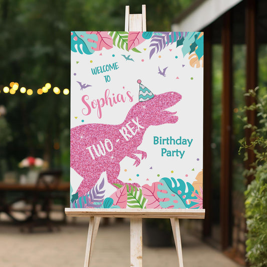 Two Rex Welcome Sign, Printable Sign Board, Girl Birthday, Digital Download, Edit yourself, Corjl 0303
