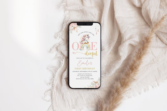 Girl Onederful Birthday Invitation Electronic, Cute Unicorn Rainbow First Birthday Party Evite Template, Digital Text Birthday Invite 0492
