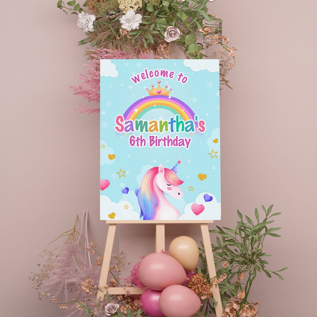 Unicorn Welcome Sign, Printable Sign Board, Girl Birthday, Digital Download, Edit yourself, Corjl 0131
