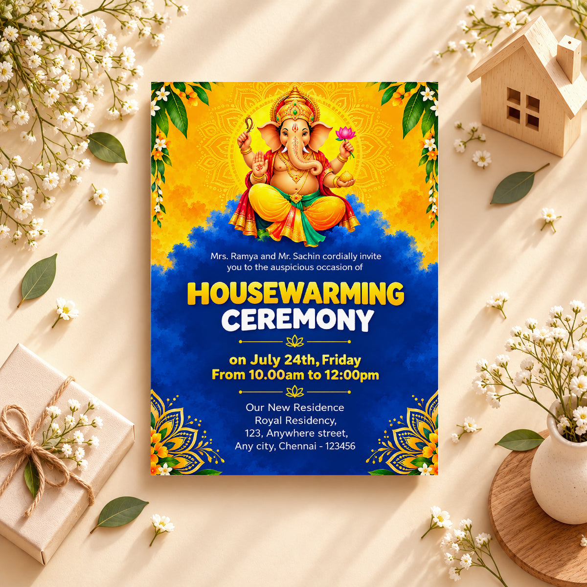 Vibrant Ganesha Blue Clouds Housewarming Invitation | Griha Pravesh