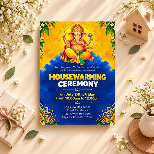 Vibrant Ganesha Blue Clouds Housewarming Invitation | Griha Pravesh