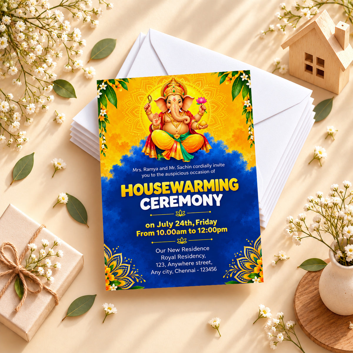 Vibrant Ganesha Blue Clouds Housewarming Invitation | Griha Pravesh