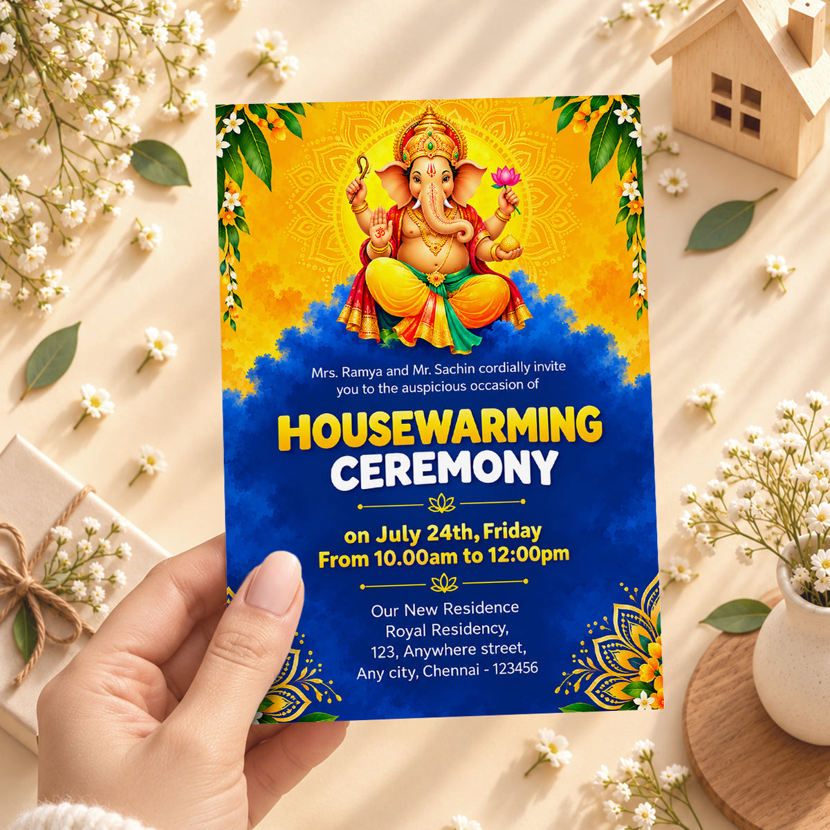 Vibrant Ganesha Blue Clouds Housewarming Invitation | Griha Pravesh
