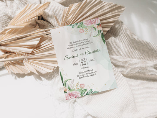 Watercolour Floral Wedding Invitation Template, Printable Invitation, Evite, Green, Digital Wedding Invite,  – W002