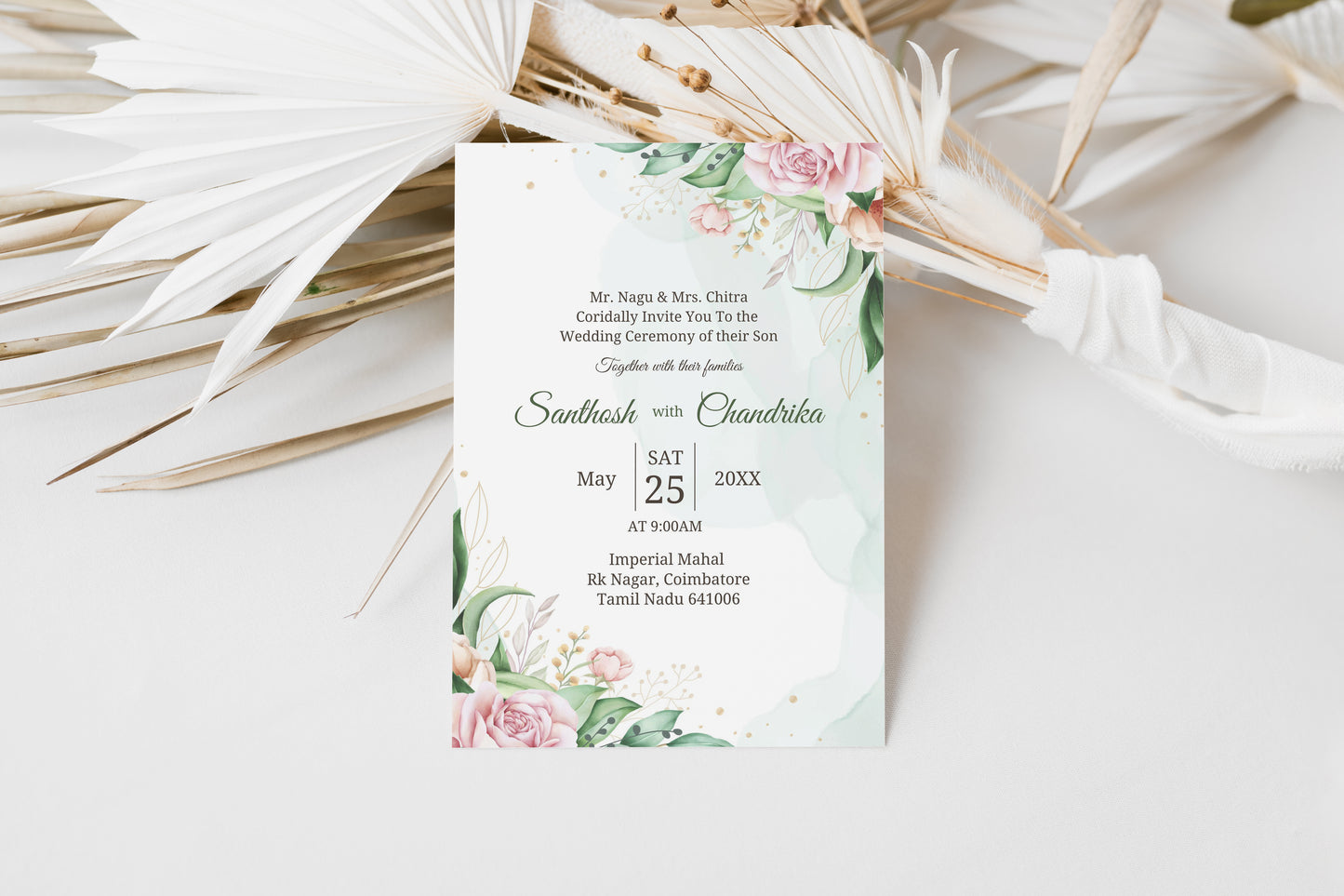 Watercolour Floral Wedding Invitation Template, Printable Invitation, Evite, Green, Digital Wedding Invite,  – W002