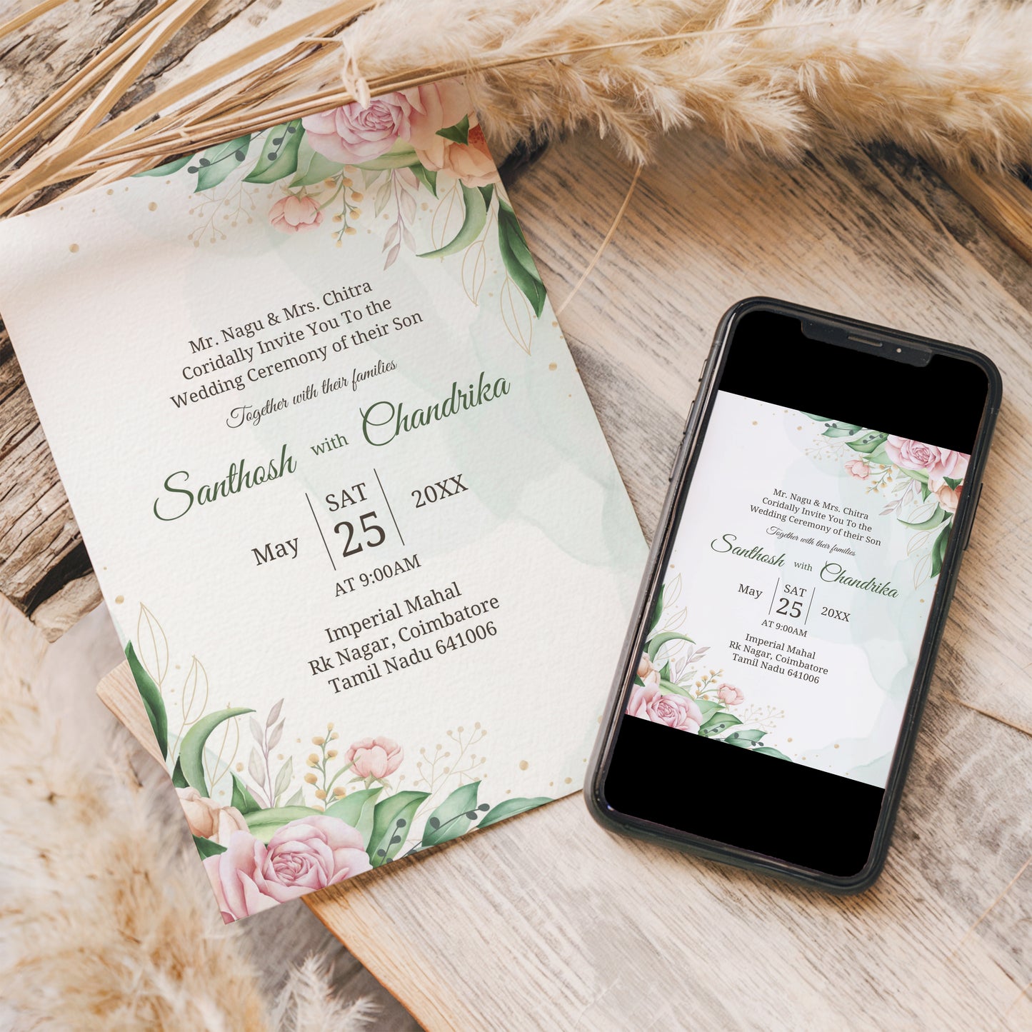 Watercolour Floral Wedding Invitation Template, Printable Invitation, Evite, Green, Digital Wedding Invite,  – W002