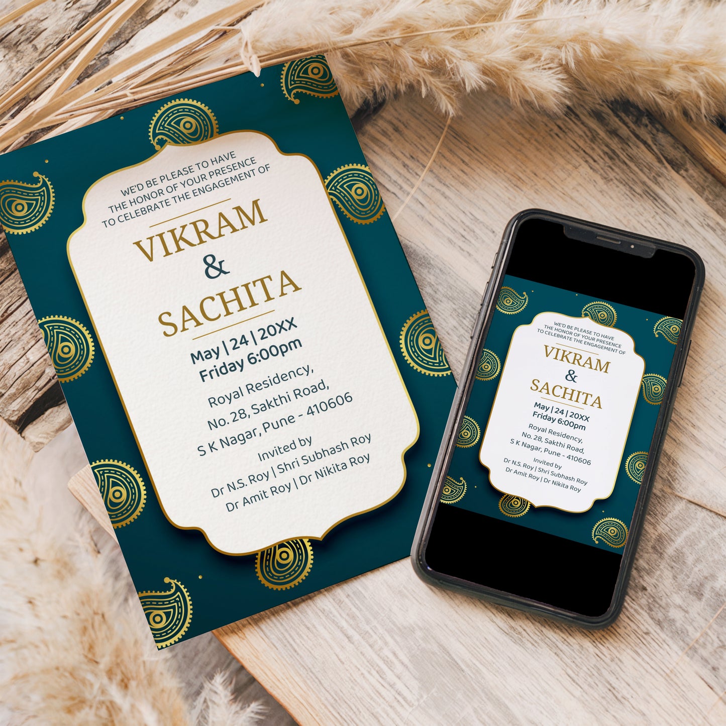 Graceful Green Wedding Invitation Template, Printable Invitation, Evite, Digital Wedding Invite, – W003