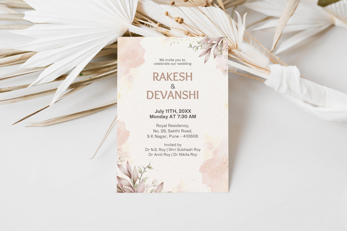 Rustic Floral Wedding Invitation Template, Printable Invitation, Evite, Pink, Digital Wedding Invite, – W004