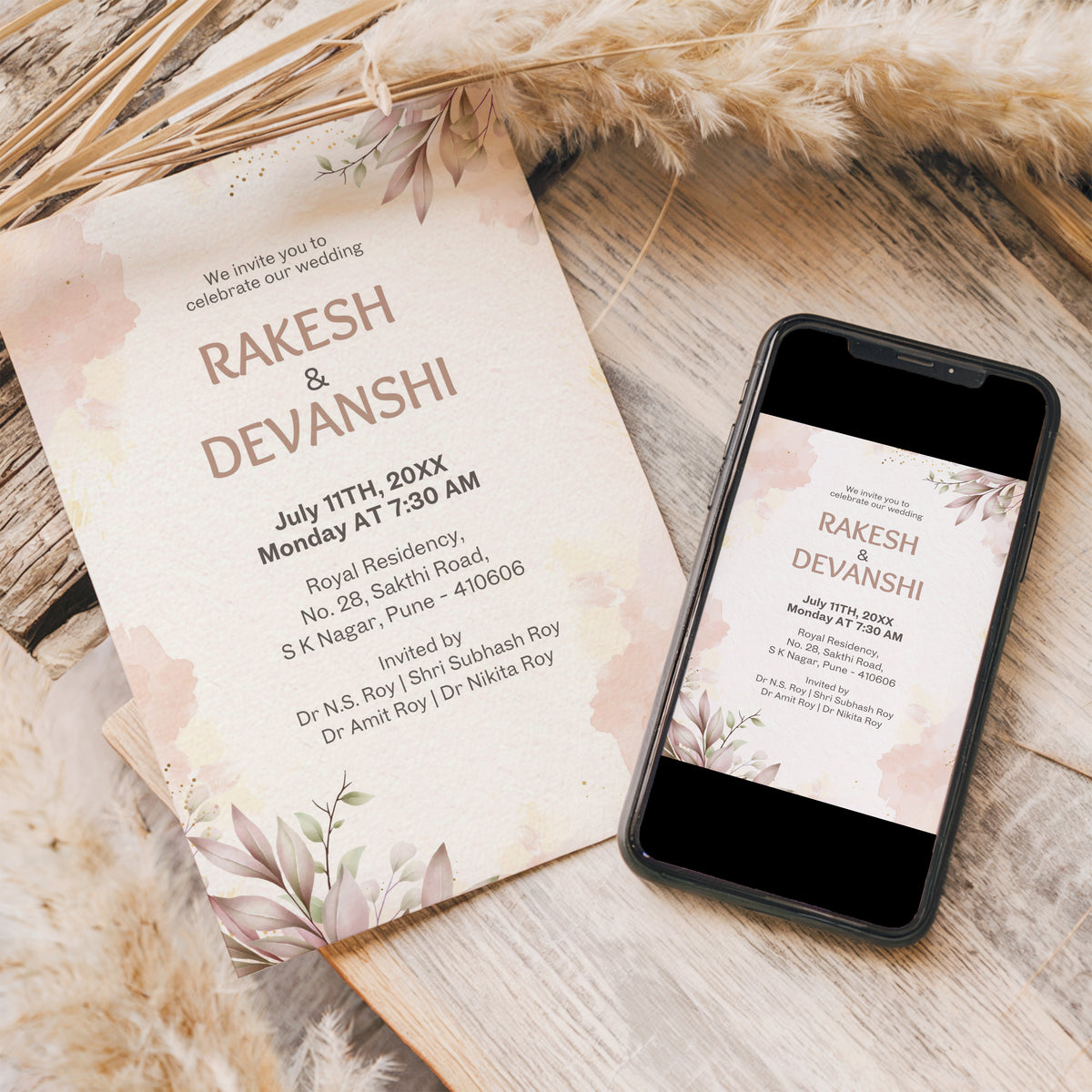 Rustic Floral Wedding Invitation Template, Printable Invitation, Evite, Pink, Digital Wedding Invite, – W004