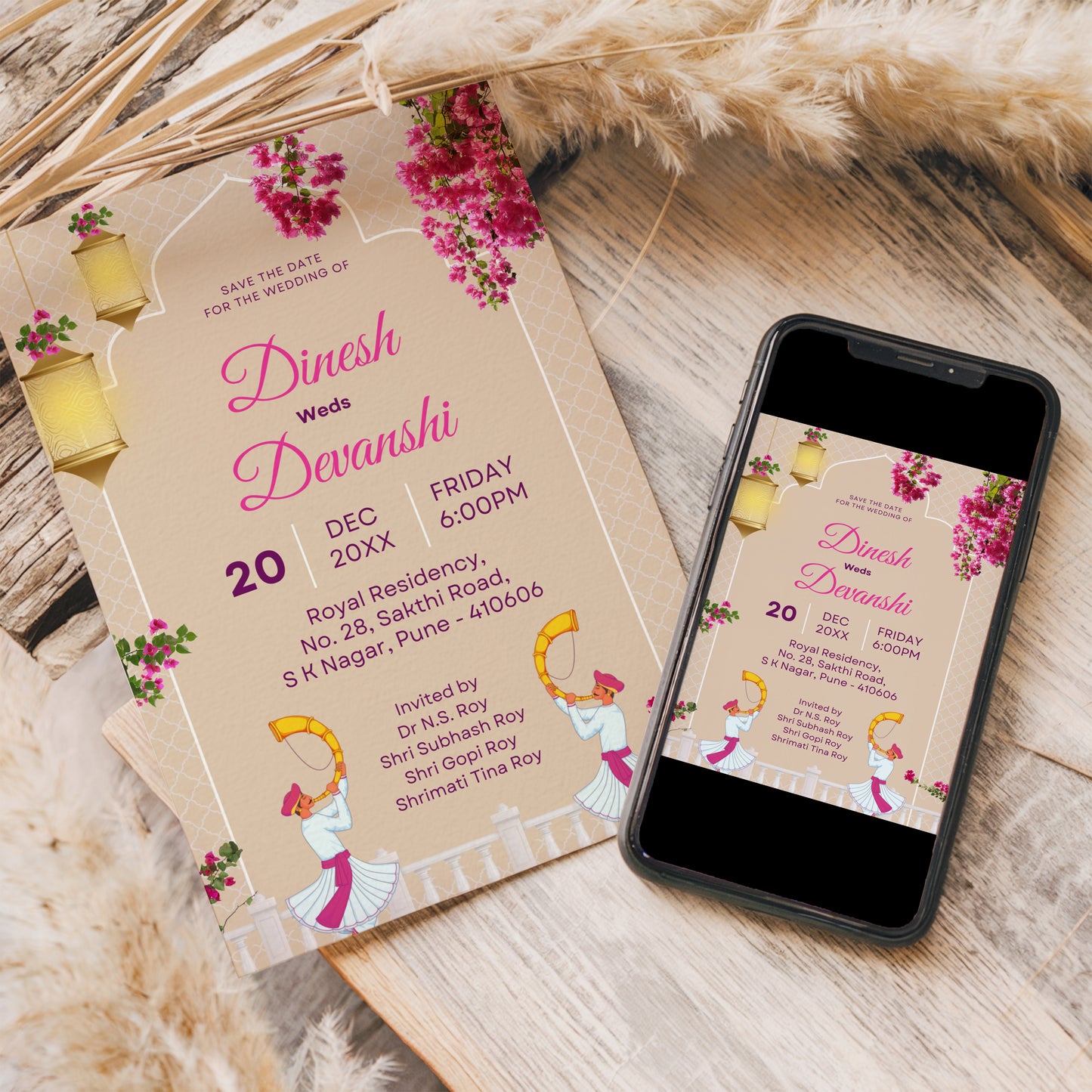 Orchid Red Wedding Invitation Template, Printable Invitation, Evite, Digital Wedding Invite, – W052