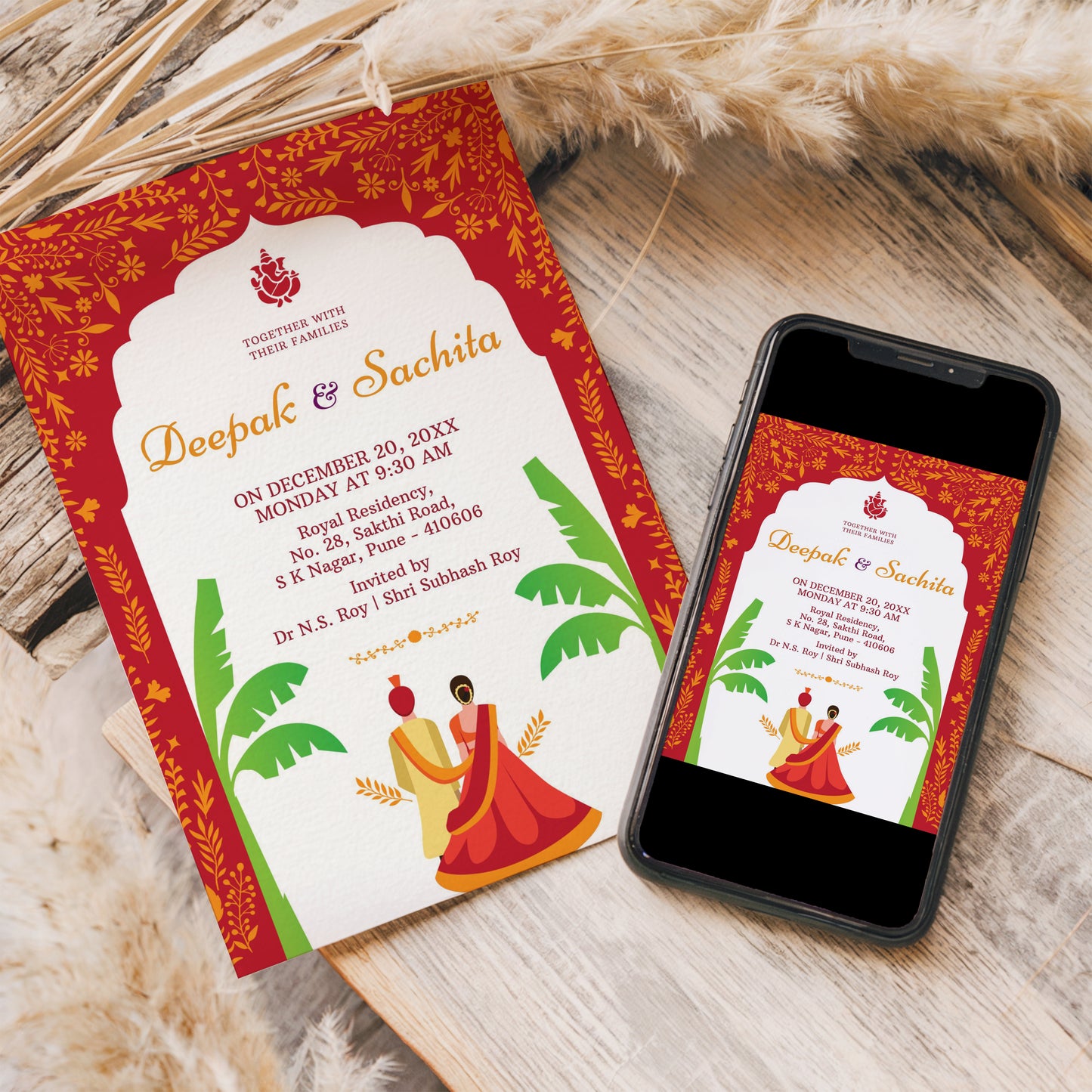 Traditional Red Wedding Invitation Template, Printable Invitation, Evite, Digital Wedding Invite, – W053