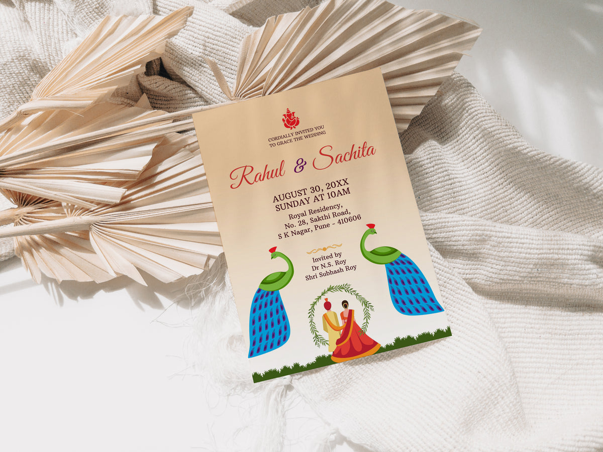 Green Peacock Marigold Tradtional Wedding Invitation Template, Printable Invitation, Evite, Digital Wedding Invite, – W054
