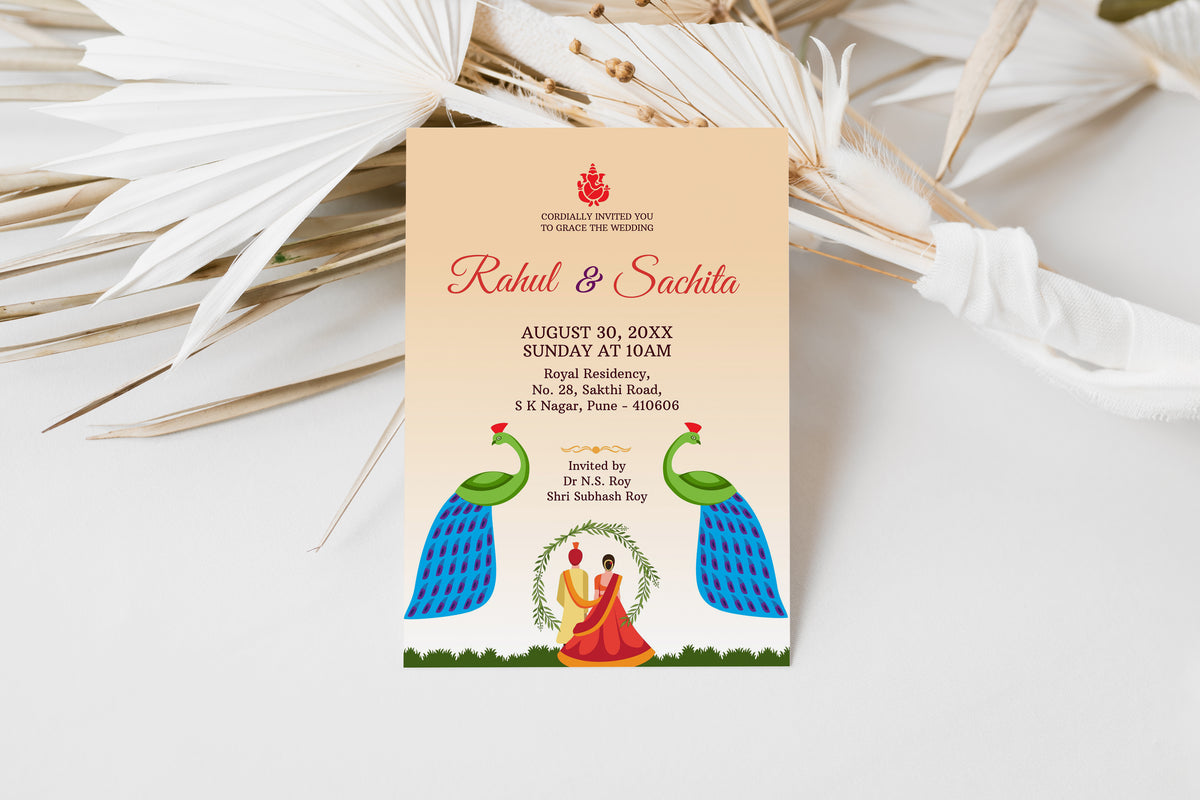 Green Peacock Marigold Tradtional Wedding Invitation Template, Printable Invitation, Evite, Digital Wedding Invite, – W054