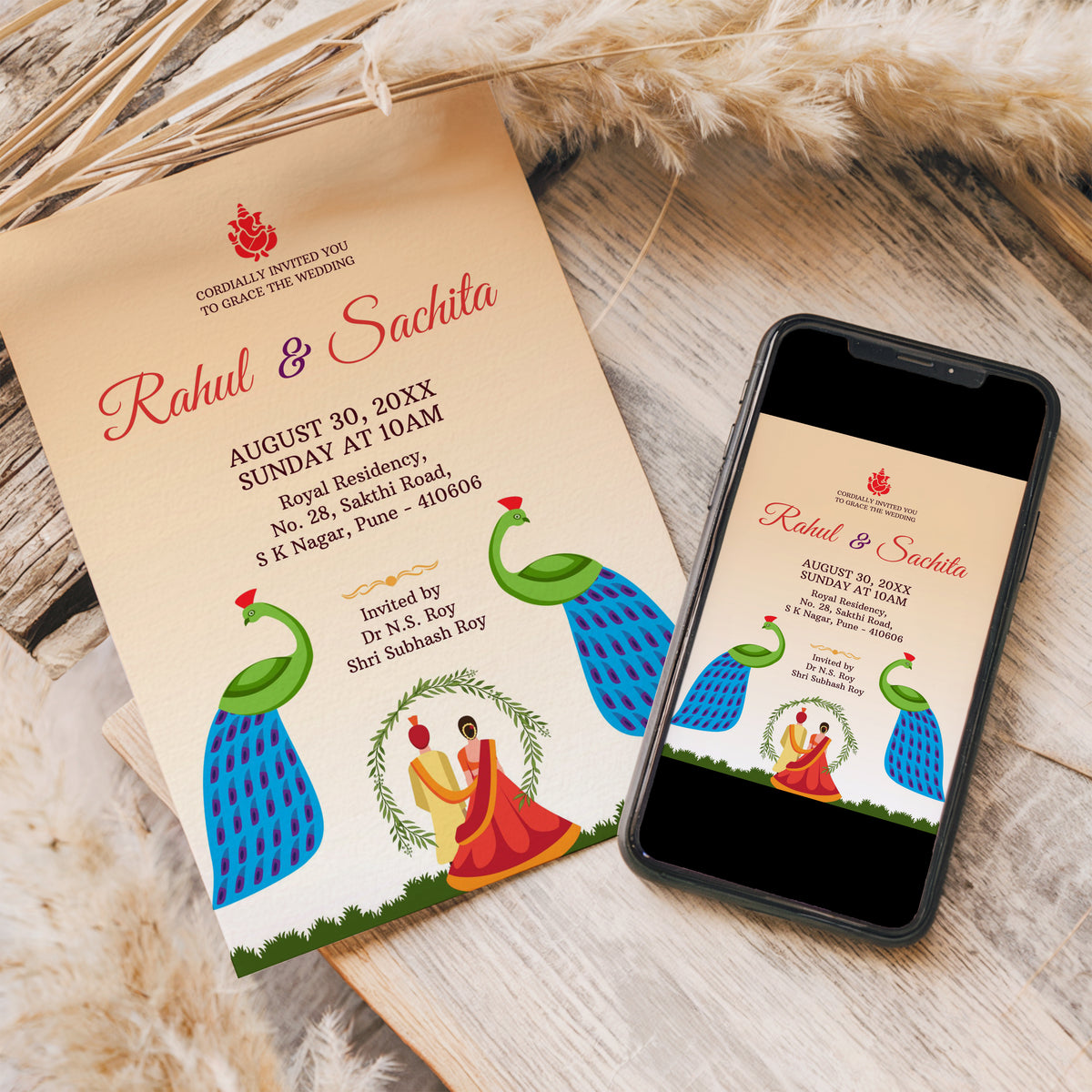 Green Peacock Marigold Tradtional Wedding Invitation Template, Printable Invitation, Evite, Digital Wedding Invite, – W054