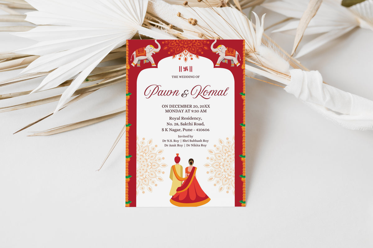 Traditional Red Arch Wedding Invitation Template, Printable Invitation, Evite, Digital Wedding Invite, – W059