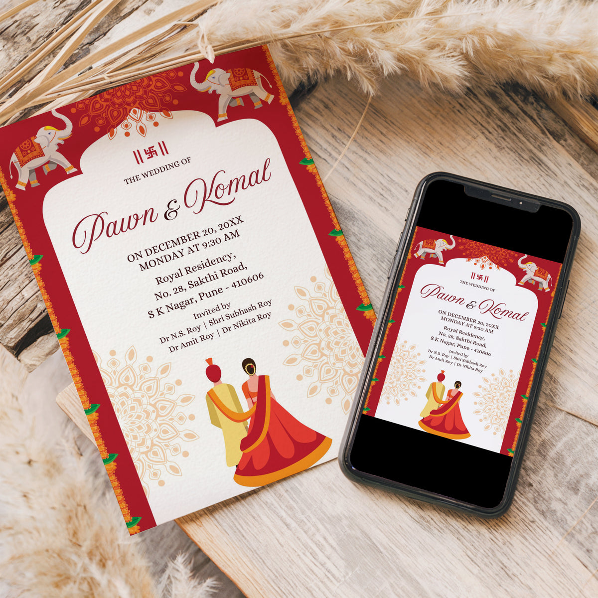 Traditional Red Arch Wedding Invitation Template, Printable Invitation, Evite, Digital Wedding Invite, – W059