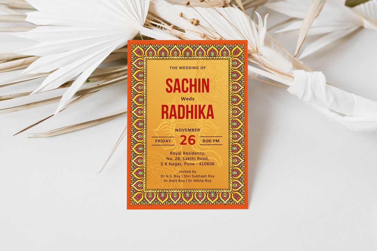 Elegant Wedding Invitation Template, Printable Invitation, Evite, Red, Orange, Digital Wedding Invite,  – W106