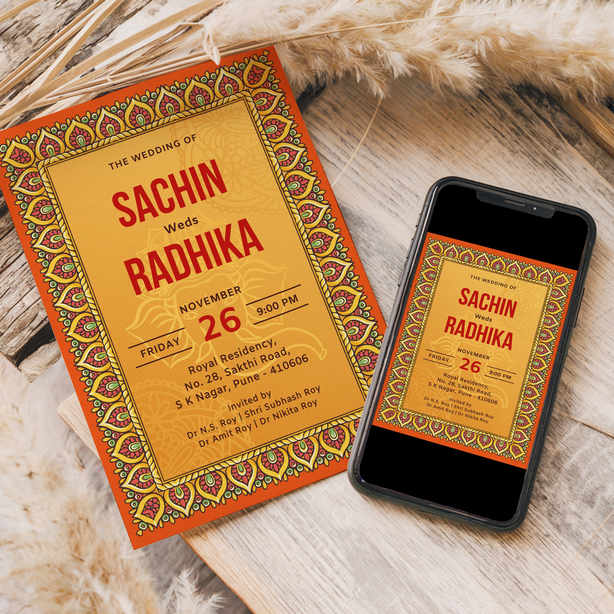Elegant Wedding Invitation Template, Printable Invitation, Evite, Red, Orange, Digital Wedding Invite,  – W106