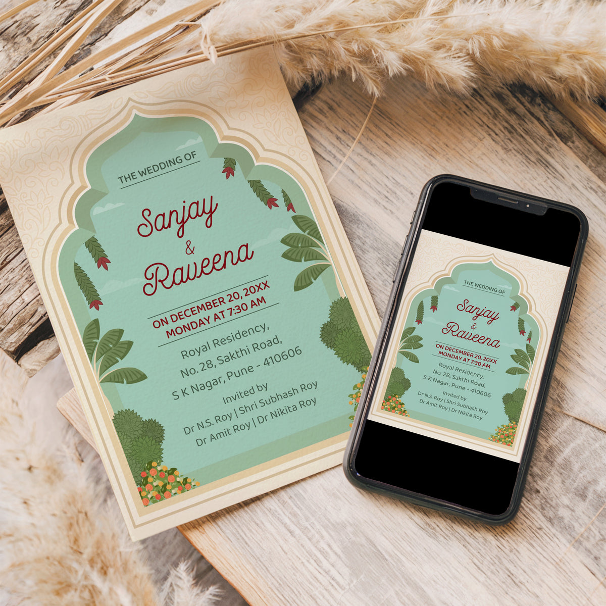 Green Arch Wedding Invitation Template, Printable Invitation, Evite, Digital Wedding Invite, – W107