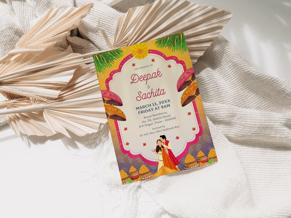 Traditional Wedding Invitation Template, Printable Invitation, Evite, Pink, Yellow, Green, Digital Wedding Invite, – W114