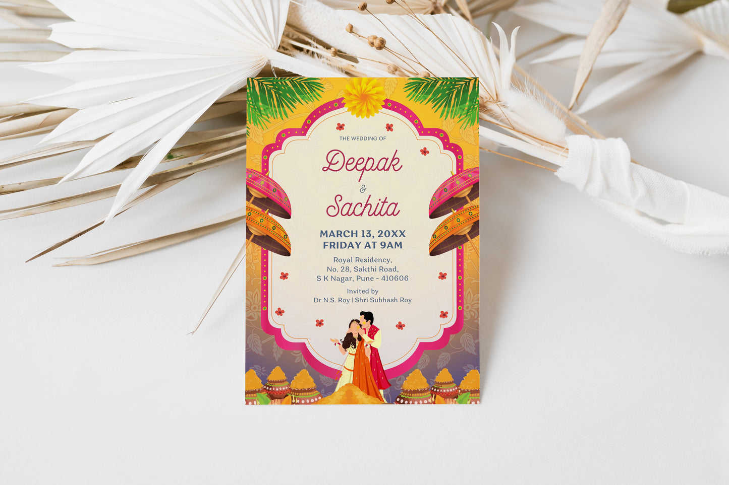 Traditional Wedding Invitation Template, Printable Invitation, Evite, Pink, Yellow, Green, Digital Wedding Invite, – W114