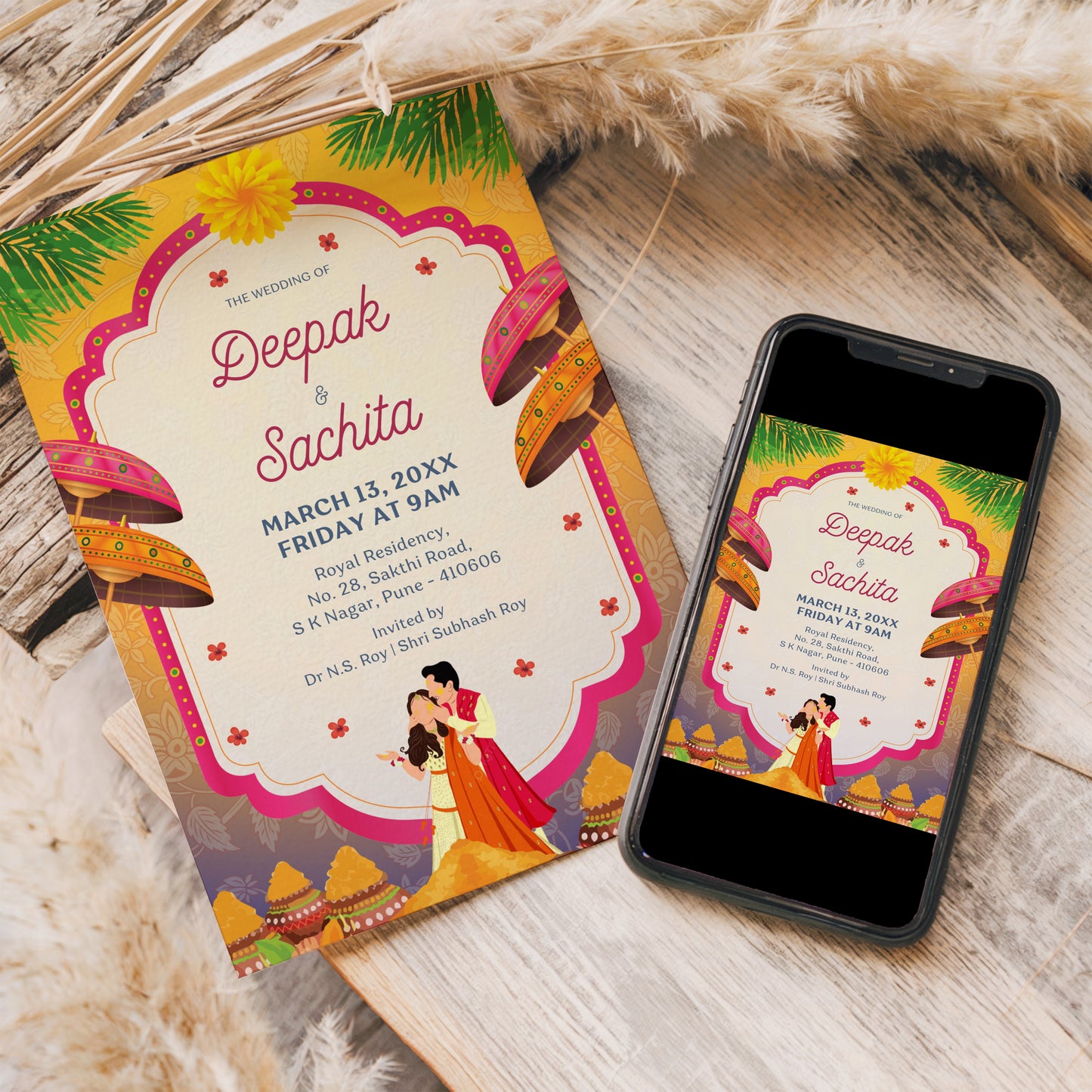 Traditional Wedding Invitation Template, Printable Invitation, Evite, Pink, Yellow, Green, Digital Wedding Invite, – W114
