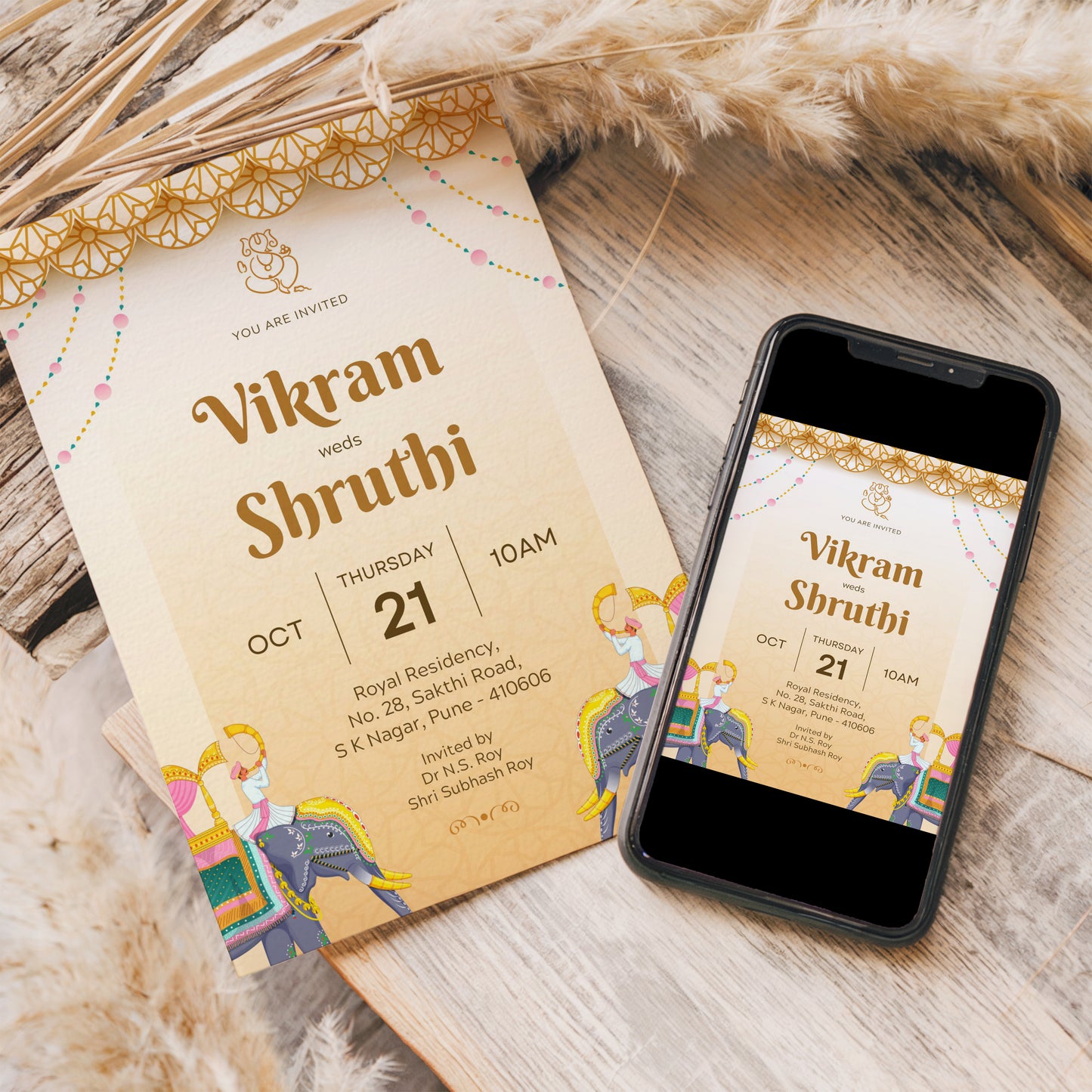Traditional Wedding Invitation Template, Printable Invitation, Evite, Yellow, Brown, Digital Wedding Invite ,– W116