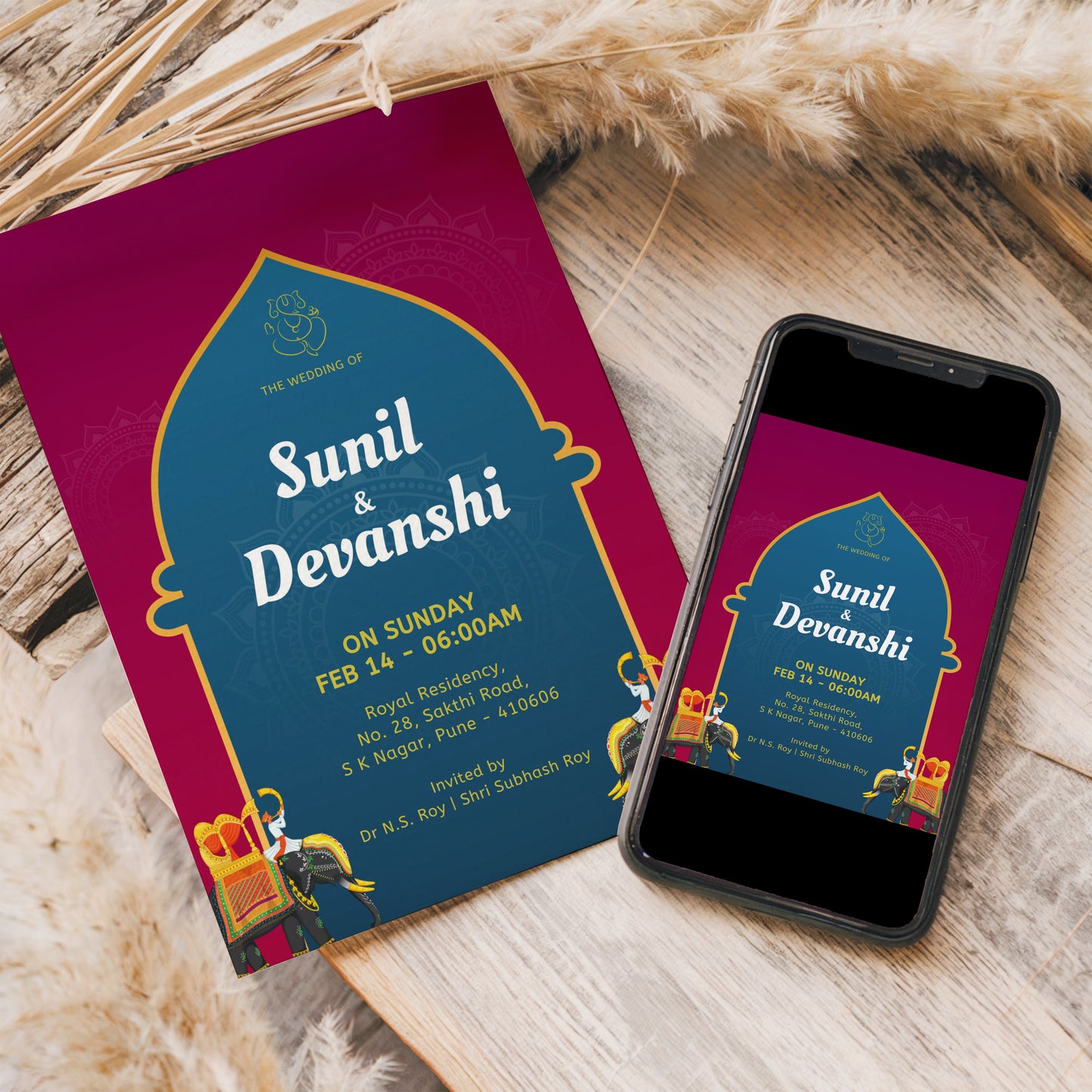 Traditional Marigold Wedding Invitation Template, Printable Invitation, Green, Burgundy, Evite, Digital Wedding Invite, – W117