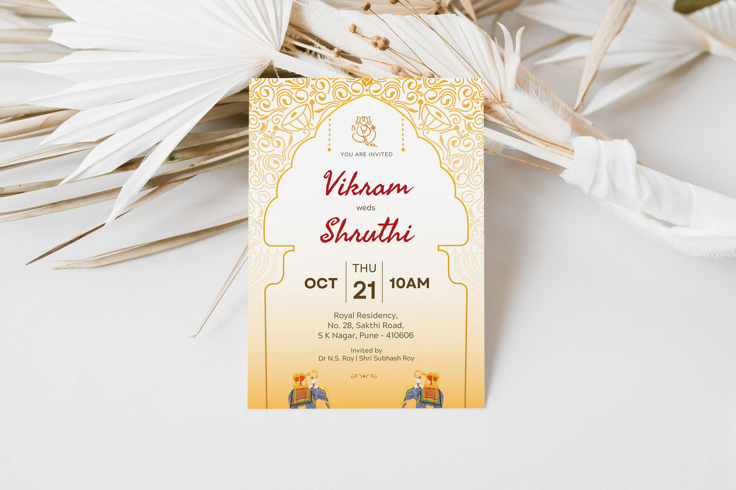 Indian Traditional Wedding Invitation Template, Printable Invitation, Yellow, White, Evite, Digital Wedding Invite,  – W119