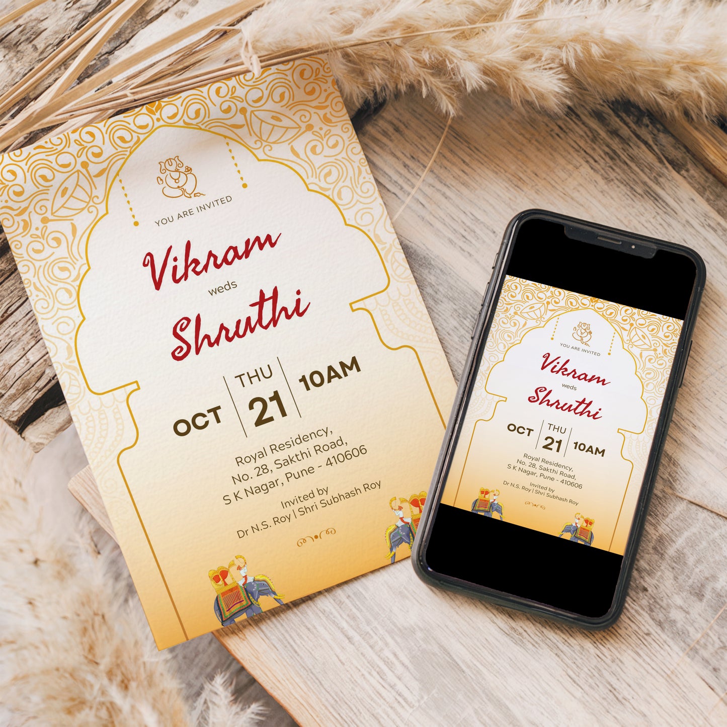 Indian Traditional Wedding Invitation Template, Printable Invitation, Yellow, White, Evite, Digital Wedding Invite,  – W119