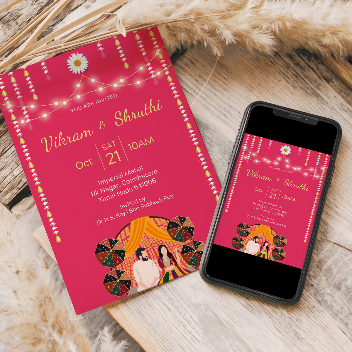 Marigold Pink Wedding Invitation Template, Printable Invitation, Evite, Digital Wedding Invite,  – W184