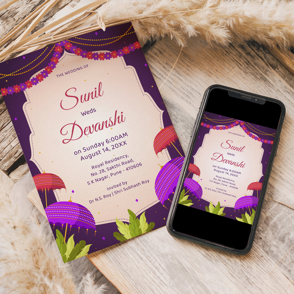 Purple Umberella Wedding Invitation Template, Printable Invitation, Evite, Digital Wedding Invite,  – W195