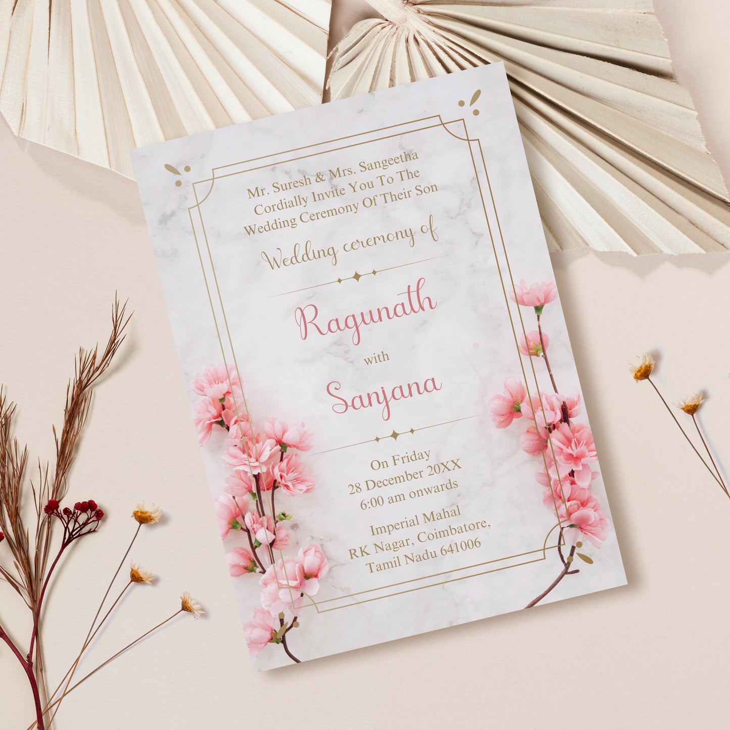 Pink Orchid Floral Wedding Invitation Template, Printable Invitation, Evite, Digital Wedding Invite, Edit yourself, Corjl – WI0001