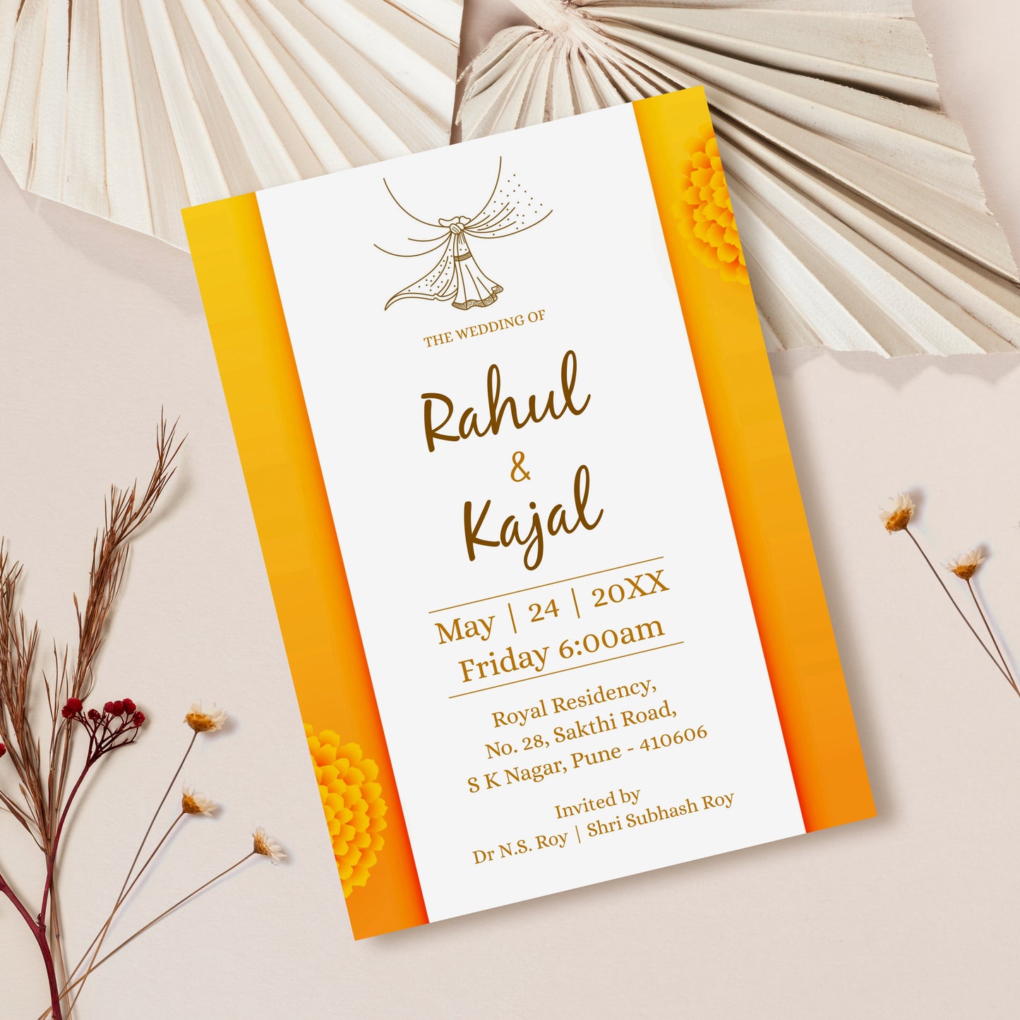Traditional Yellow Palette Wedding Invitation Template, Printable Invitation, Evite, Digital Wedding Invite,  W102