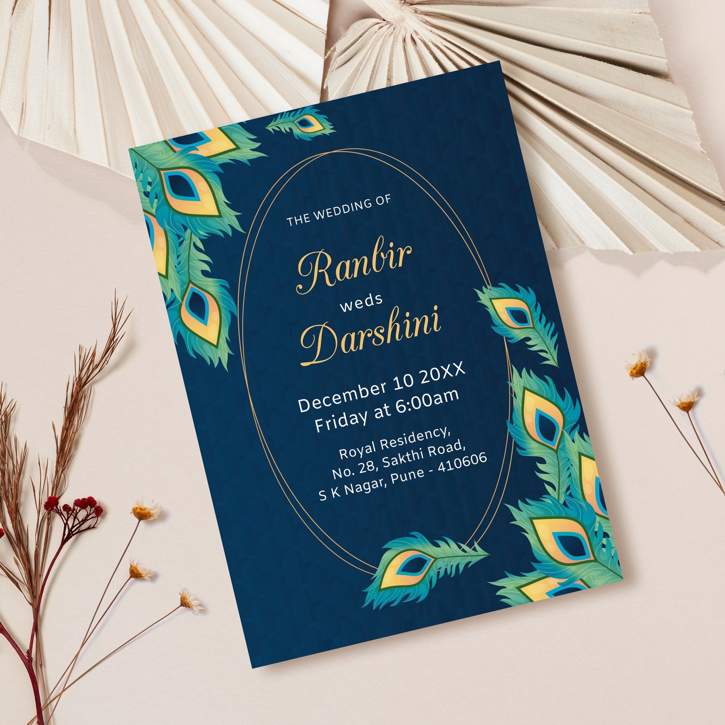 Forest Green Peacock Wedding Invitation Template, Printable Invitation, Evite, Digital Wedding Invite, – W072