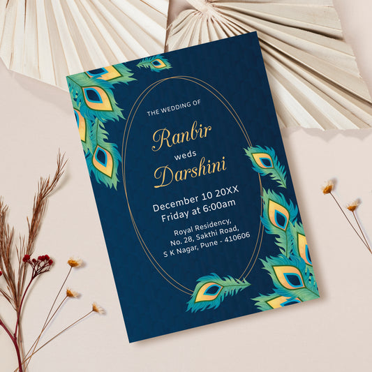 Forest Green Peacock Wedding Invitation Template, Printable Invitation, Evite, Digital Wedding Invite, – W072